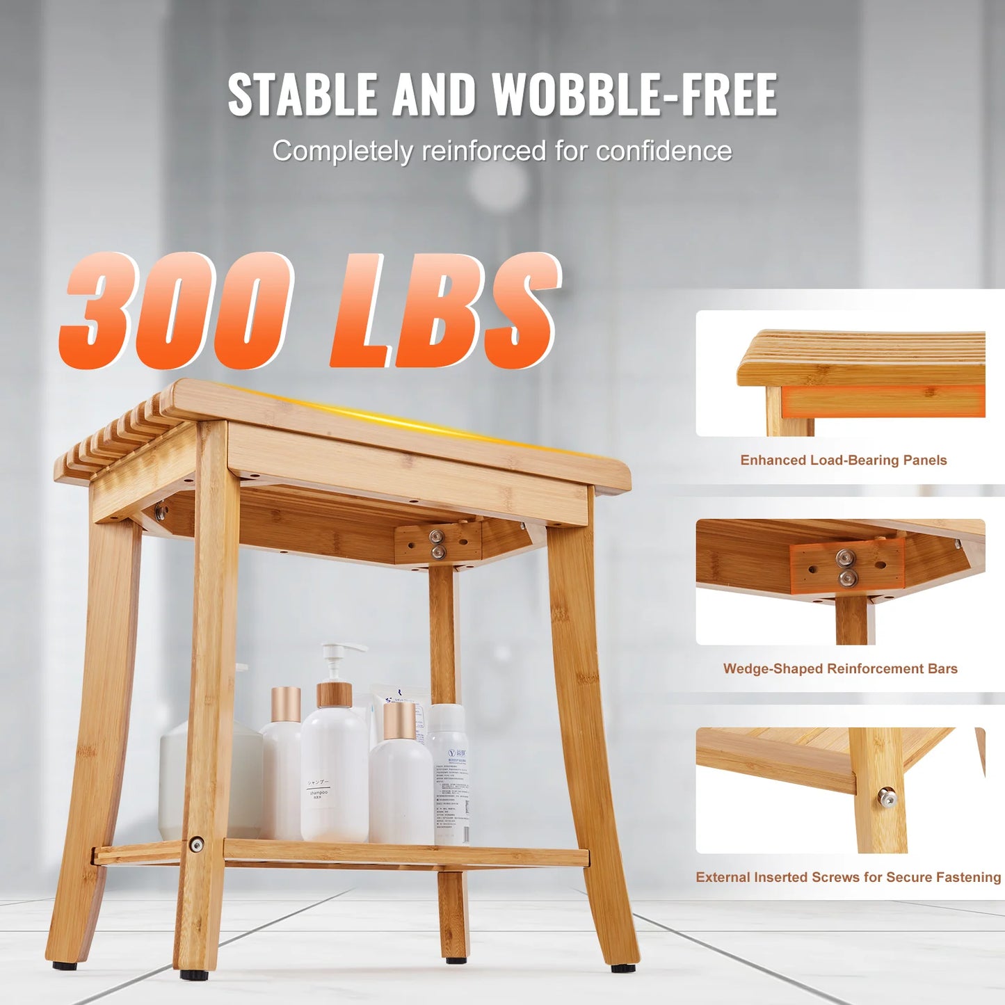 Bamboo Shower Bench  Waterproof Shower Stool, Chair