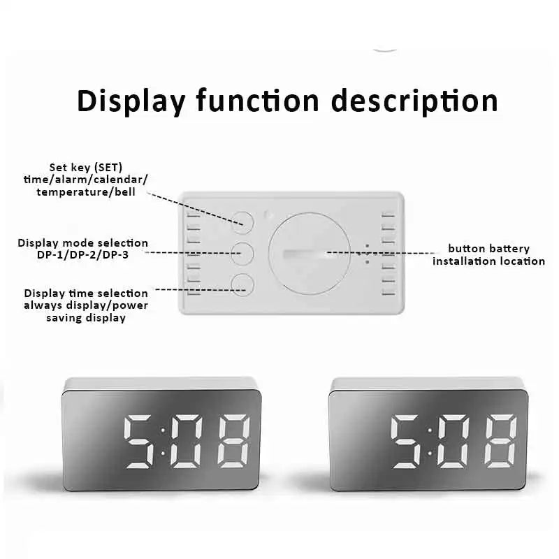 1Pc White LED Mirror Table Clock Snooze Display Time
