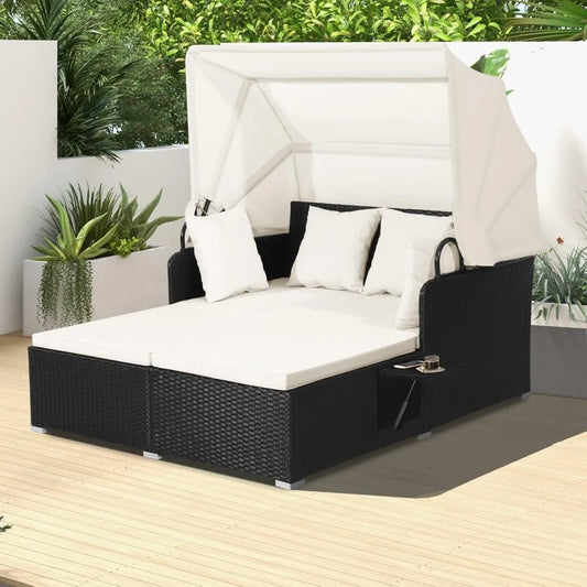 Patio Rattan Daybed Wicker  Lounger w/Retractable Canopy