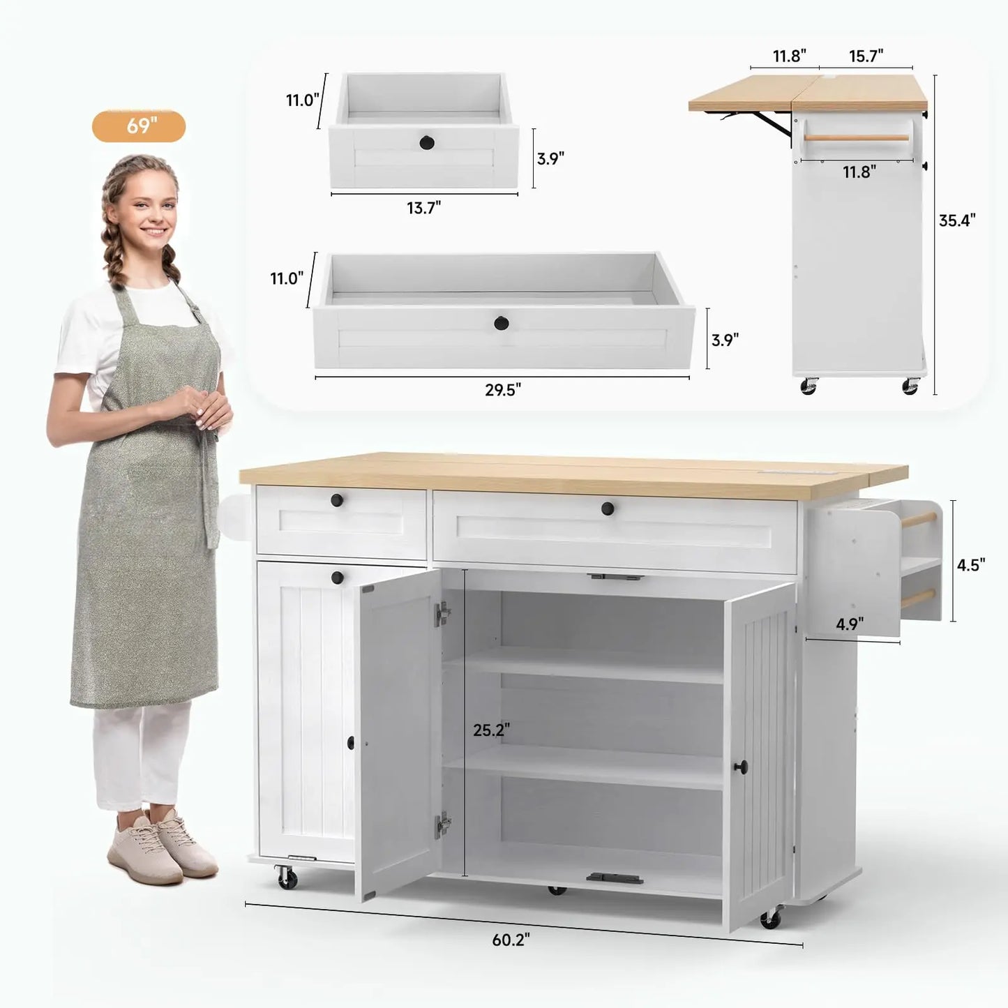 60" Mobile Kitchen Island Rolling Trolleys with Trach Bin