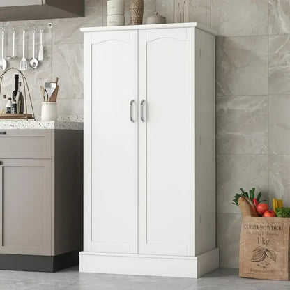 White Freestanding Kitchen Pantry Cabinet with Adjustable Shelves