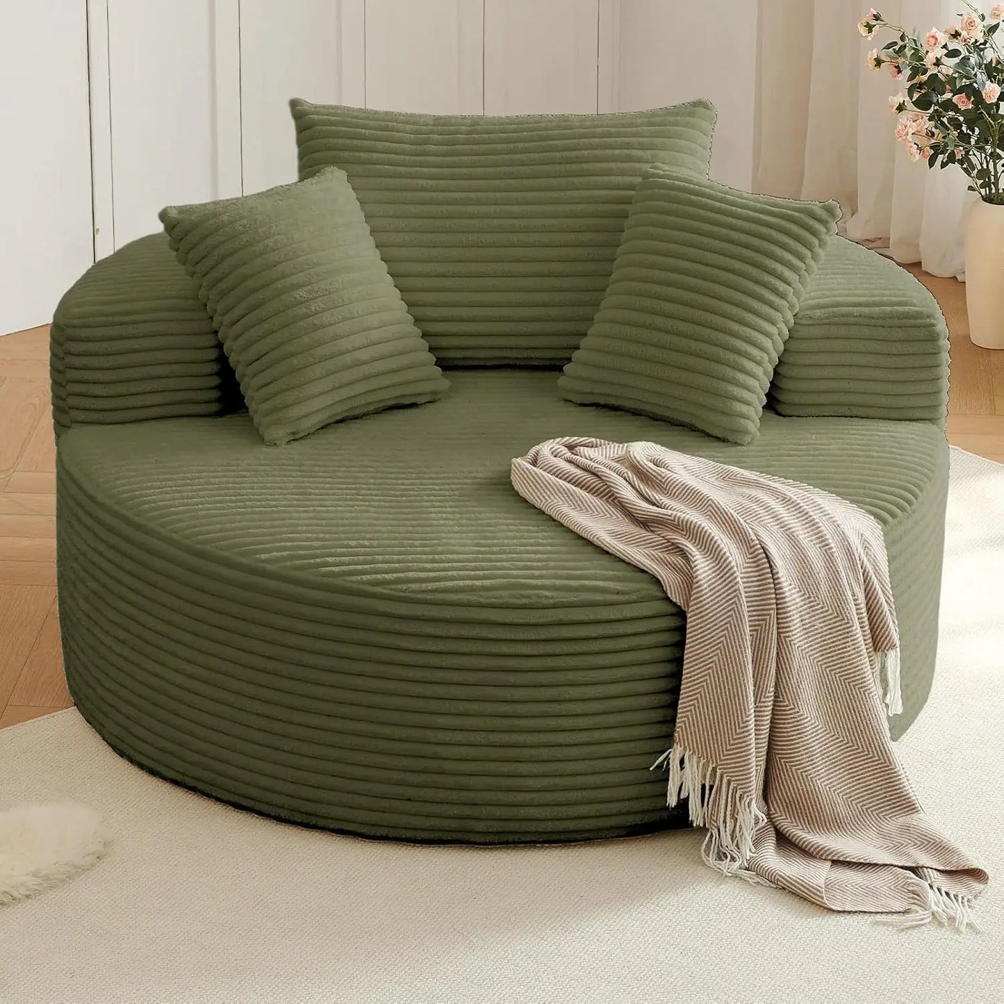 Oversized Round Chair Lounge Chaise Indoor, Upholstered Corduroy Deep Seat Cloud Large Circle Sofa Chair