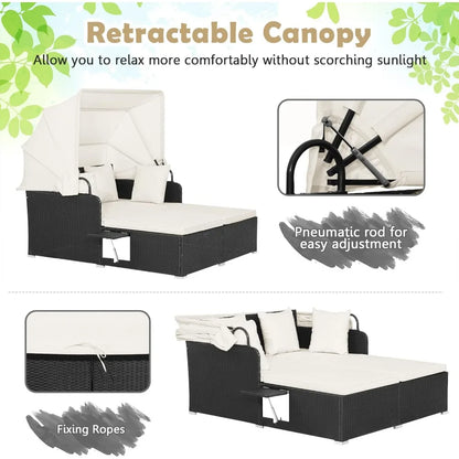 Patio Rattan Daybed Wicker  Lounger w/Retractable Canopy