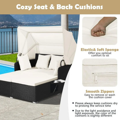 Patio Rattan Daybed Wicker  Lounger w/Retractable Canopy