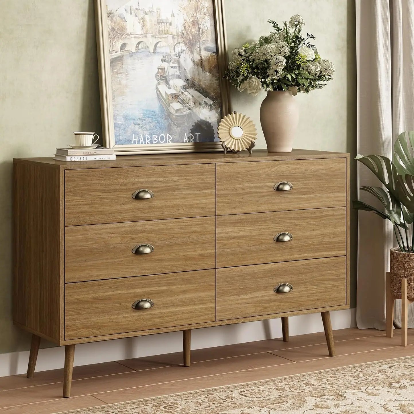 Walnut Brown Dresser for Bedroom, 6 Drawer Dresser Wood