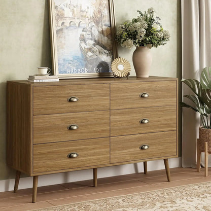 Walnut Brown Dresser for Bedroom, 6 Drawer Dresser Wood