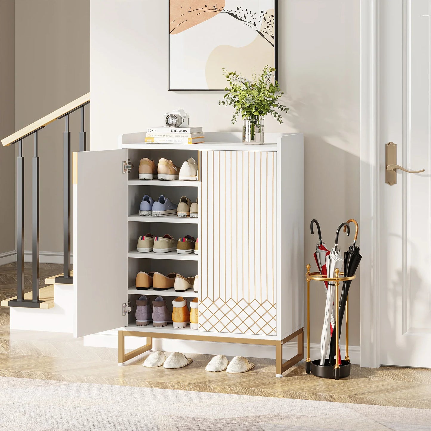 White Shoe Cabinets with Doors, 5-Tier Shoe Rack,