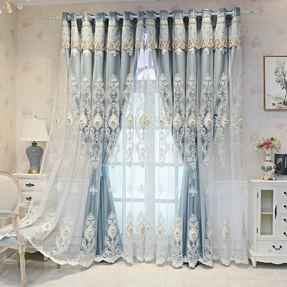 1PC Curtains,Luxury vintage-style embroidered curtains with 3D relief patterns, dual-layer design for privacy