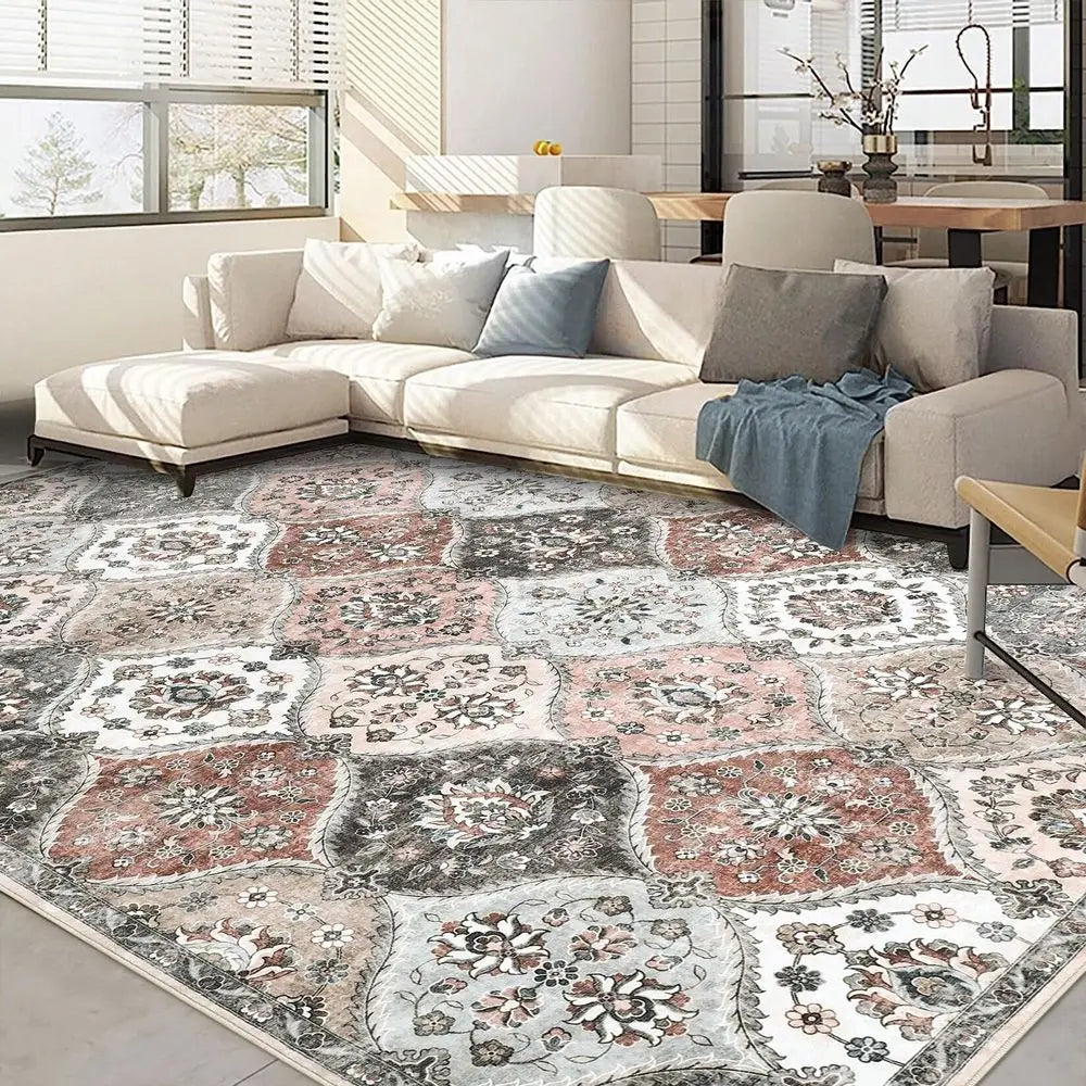 Moroccan Printed Rug Low Pile Rug Distressed  Rugs