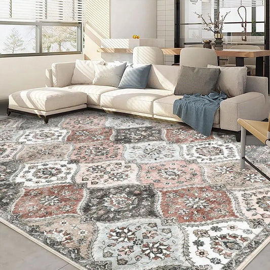 Moroccan Printed Rug Low Pile Rug Distressed  Rugs