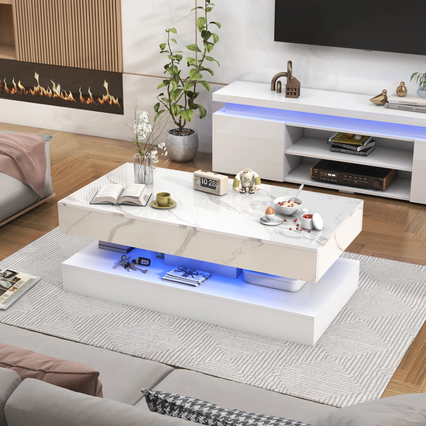 Stylish Coffee Table with LED lights, Double-Layer w/Drawers