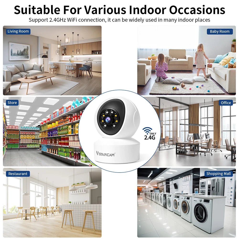 Vstarcam Indoor Security Camera for Home 360° Coverage Color Night Vision 2-Way Audio Motion Detection Customize Zone