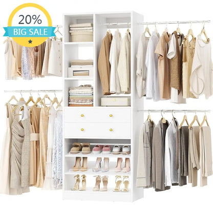 Walk-in Closet Organizer, 2 Shelves, Hanging Rods, White