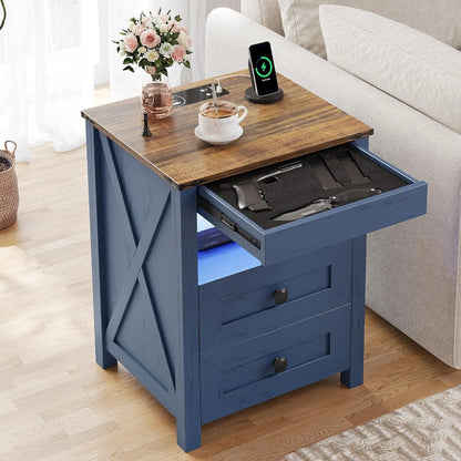 LED Nightstand with Gun Drawer: Bedside Table with Charging Station