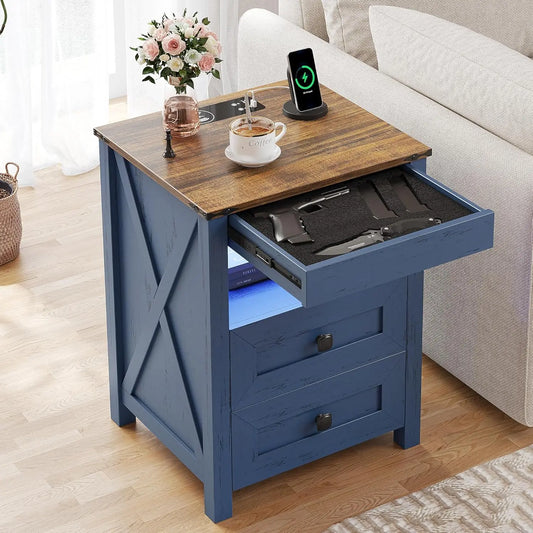 LED Nightstand with Gun Drawer: Bedside Table with Charging Station