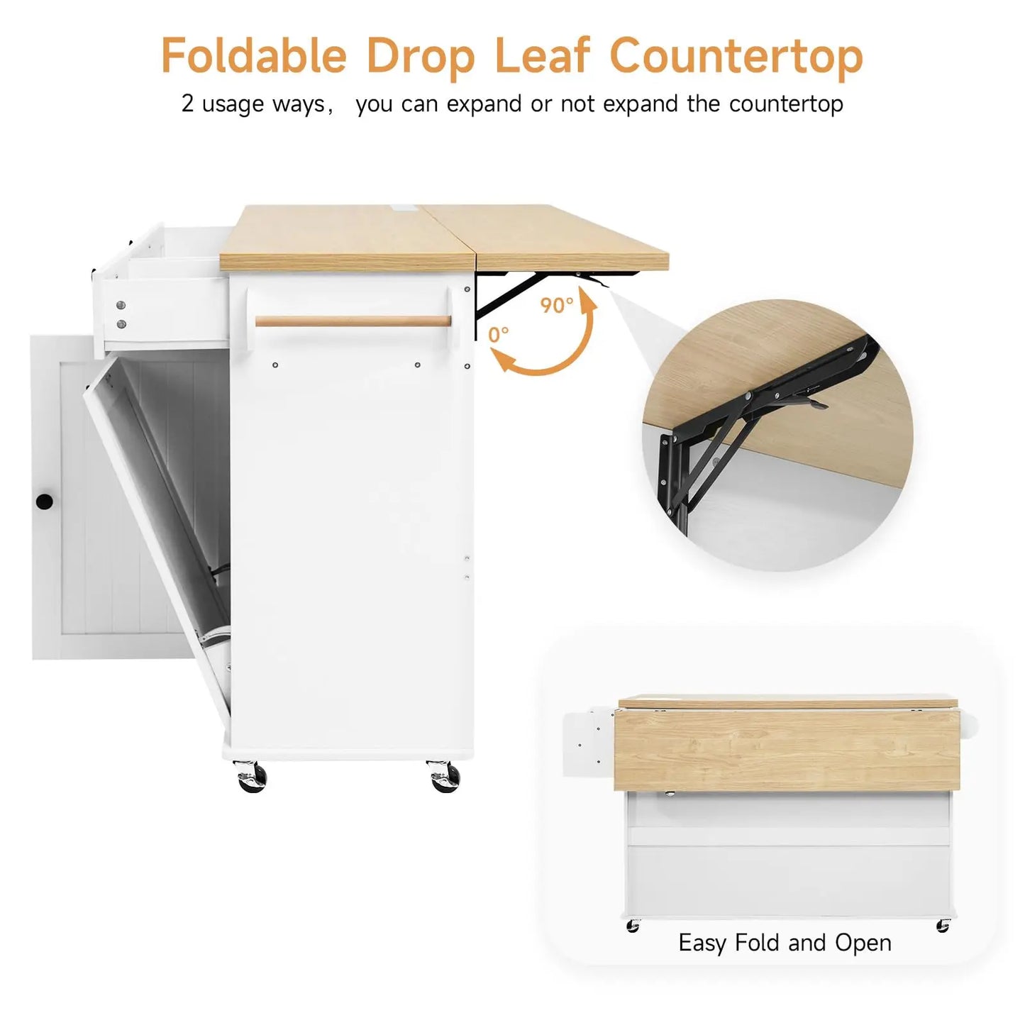 60" Mobile Kitchen Island Rolling Trolleys with Trach Bin