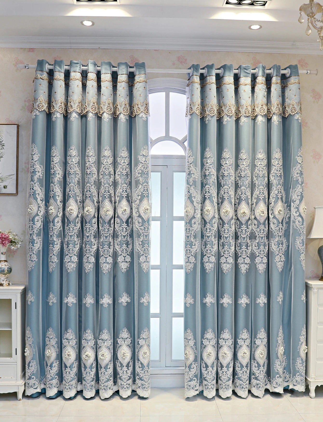 1PC Curtains,Luxury vintage-style embroidered curtains with 3D relief patterns, dual-layer design for privacy