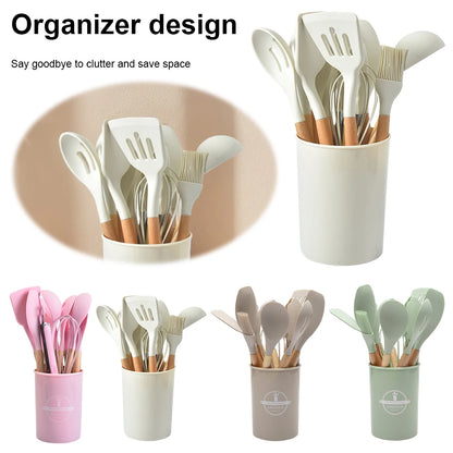 12Pcs Kitchen Utensil Set Cooking Tools Kit Wooden Handle Non-Stick Spatula Set Spatula Spoon Brush Whisk Kitchen Supplies