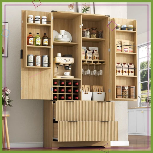 Fluted Pantry Cabinet, Adjustable Shelves, Drawers, Wine Rack