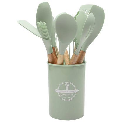 12Pcs Kitchen Utensil Set Cooking Tools Kit Wooden Handle Non-Stick Spatula Set Spatula Spoon Brush Whisk Kitchen Supplies