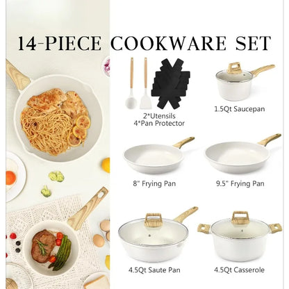 14 Pcs White Granite Kitchen Cookware Sets Nonstick