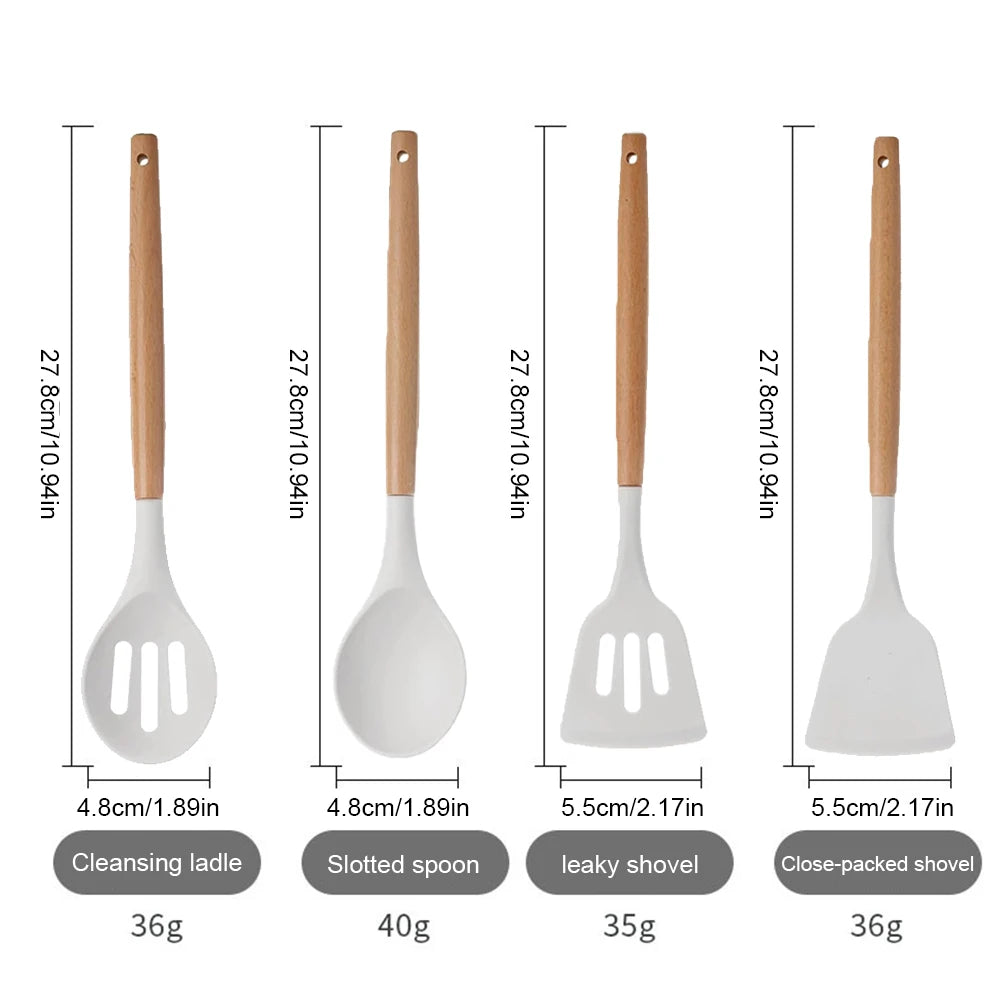 12Pcs Kitchen Utensil Set Cooking Tools Kit Wooden Handle Non-Stick Spatula Set Spatula Spoon Brush Whisk Kitchen Supplies
