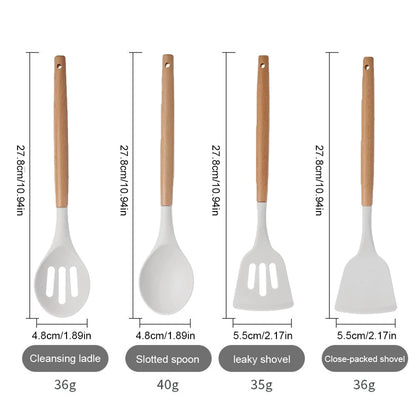 12Pcs Kitchen Utensil Set Cooking Tools Kit Wooden Handle Non-Stick Spatula Set Spatula Spoon Brush Whisk Kitchen Supplies