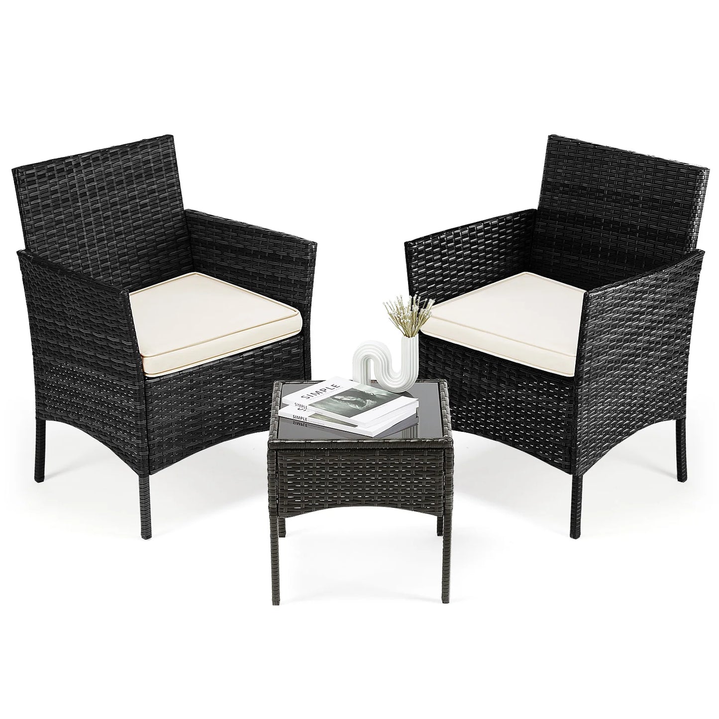 3 Pieces Patio Set Wicker Rattan Chairs with Table