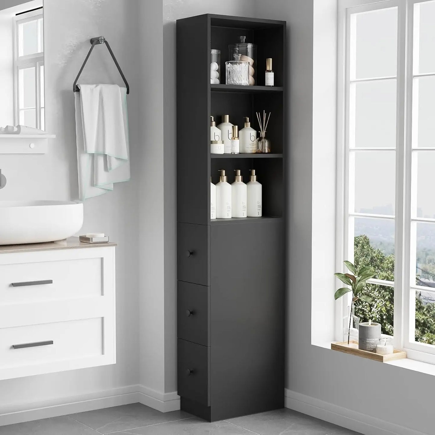 Storage Cabinet Tall Narrow Bathroom  Adjustable Shelves
