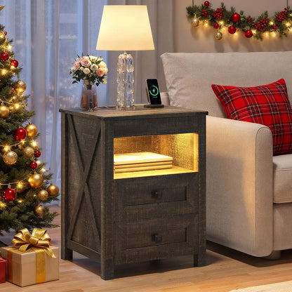 LED Nightstand with Gun Drawer: Bedside Table with Charging Station