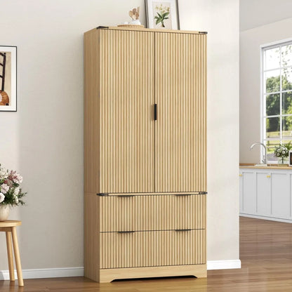 Fluted Pantry Cabinet, Adjustable Shelves, Drawers, Wine Rack