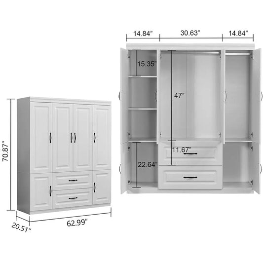 Large White Wooden 4-Door Wardrobe with 2 Drawers, Hanging Rails, and Shelves for Storage