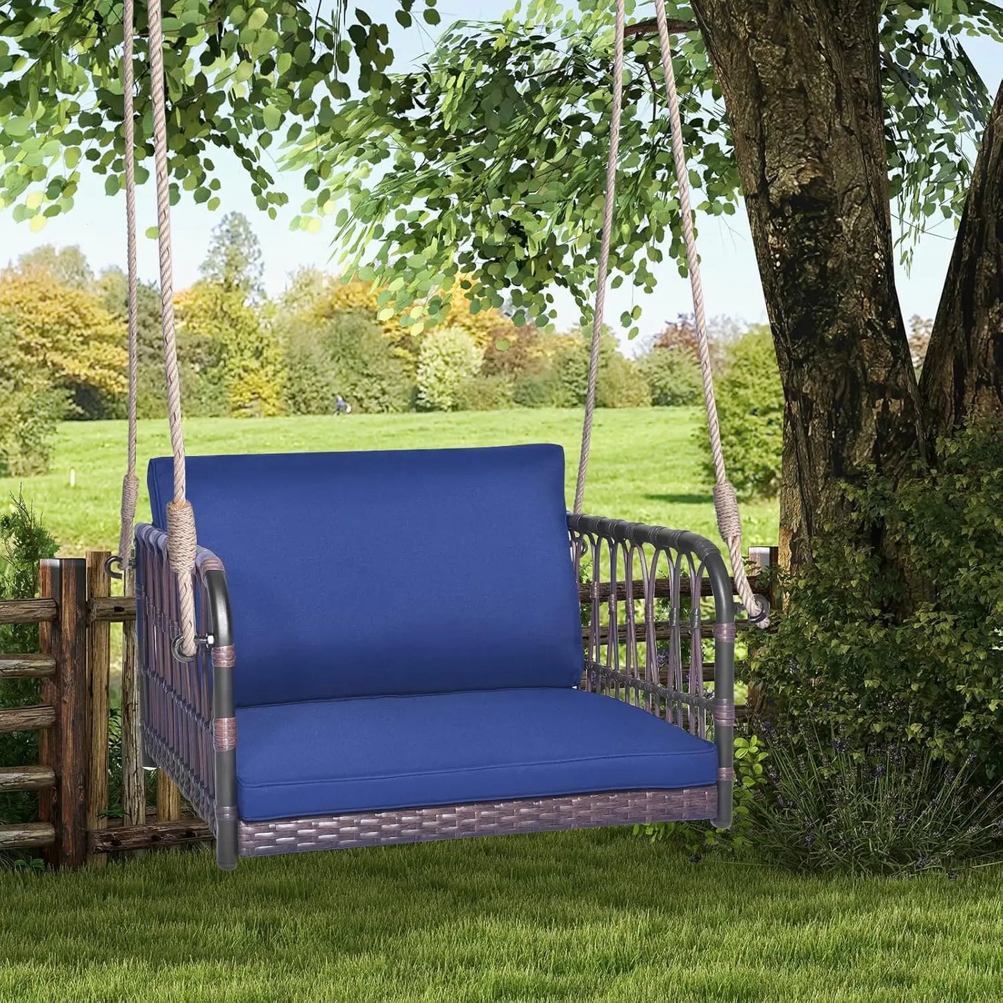 Patio Rattan Porch Swing, Single Person With Cushions