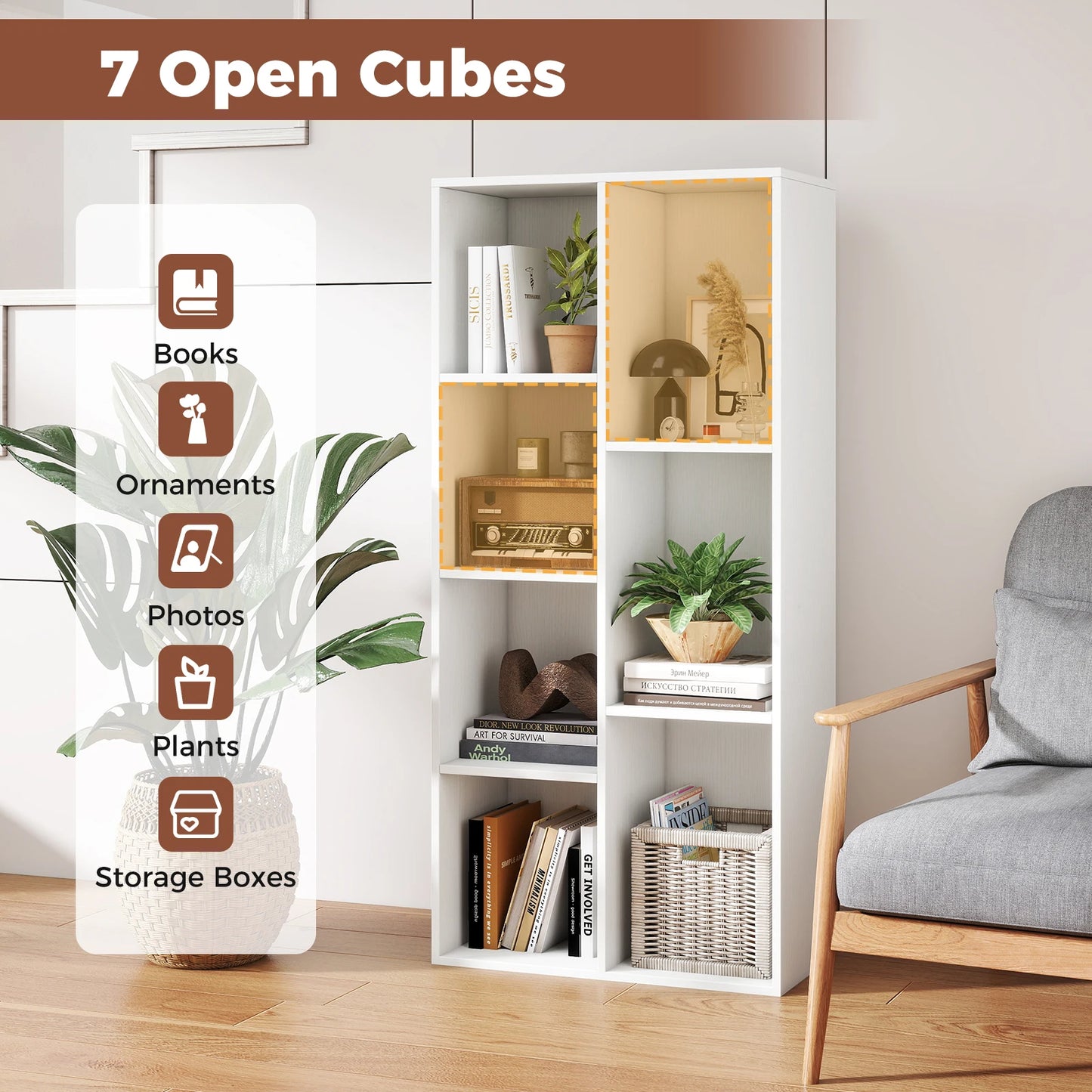 7-Cube Bookcase, Vertical or Horizontal Freestanding Bookshelf.