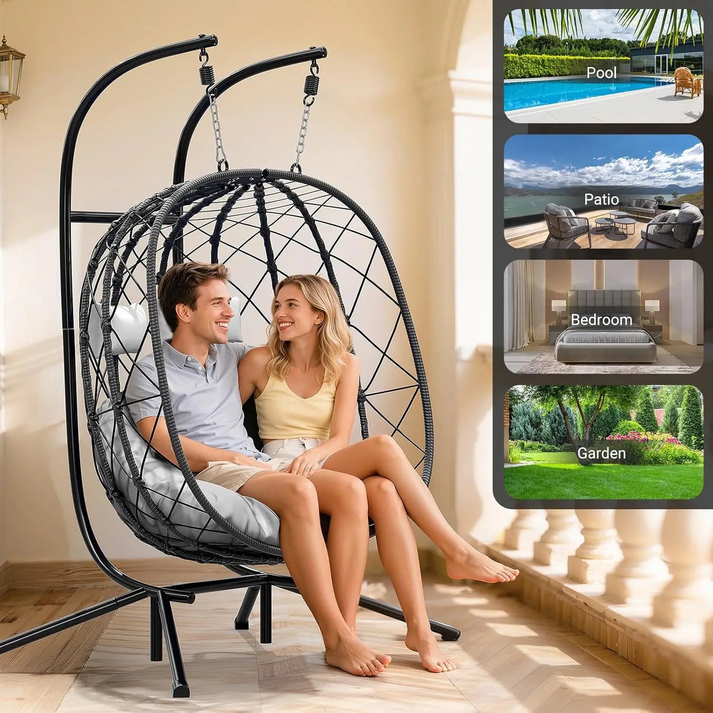 Double Egg Swing Chair with Stand - Outdoor Patio
