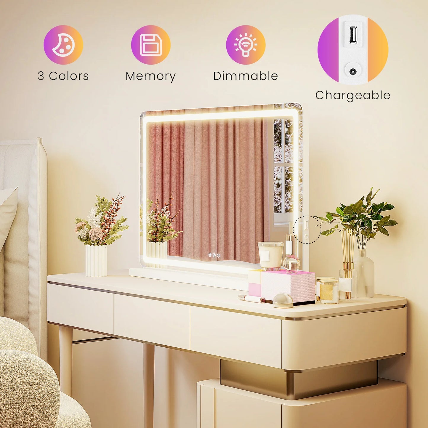 LED Vanity Mirror with Lights Dimmable 3 Color Modes