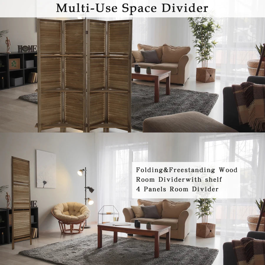 4 Panel Folding Room Divider Screen with Shelves