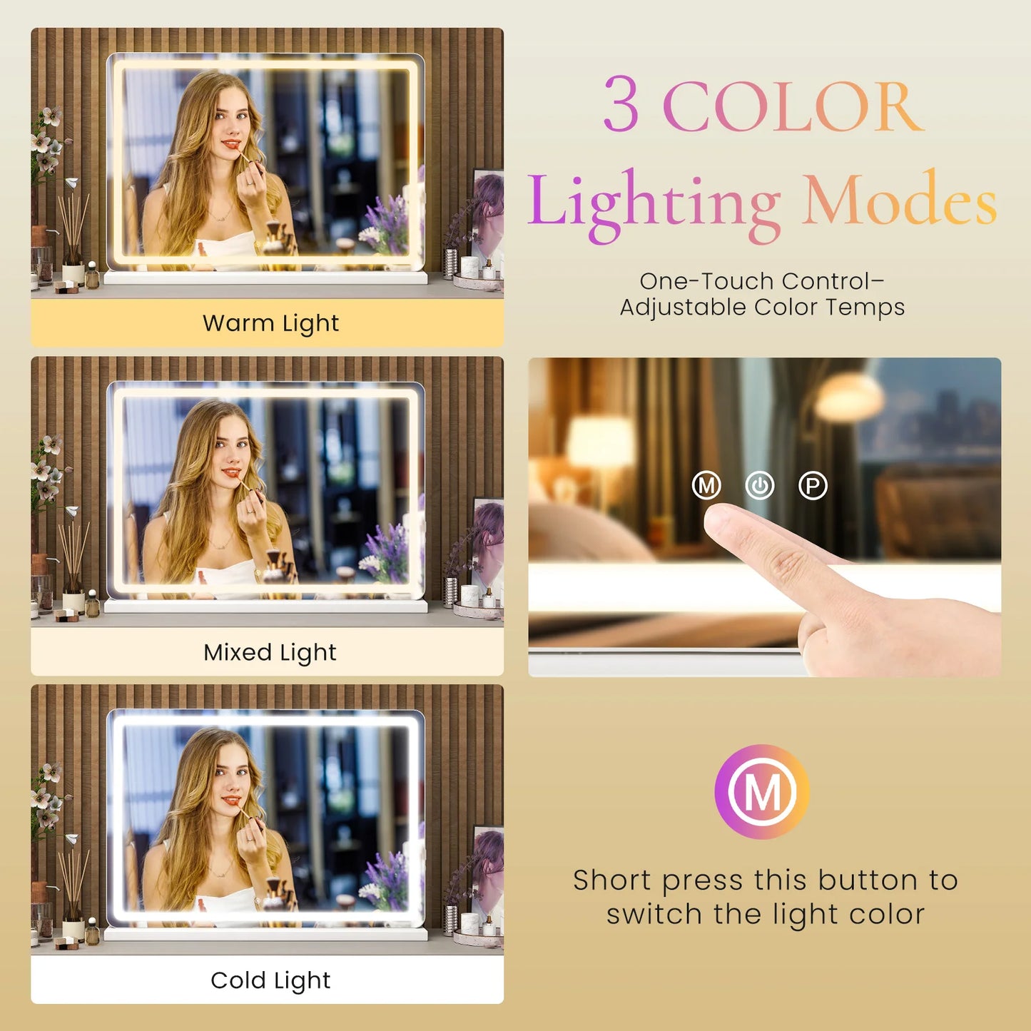 LED Vanity Mirror with Lights Dimmable 3 Color Modes