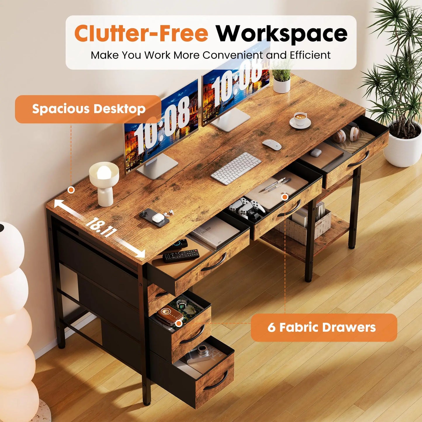 Computer Desk with 6 Drawers, Shelves for Home Office