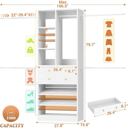 Walk-in Closet Organizer, 2 Shelves, Hanging Rods, White