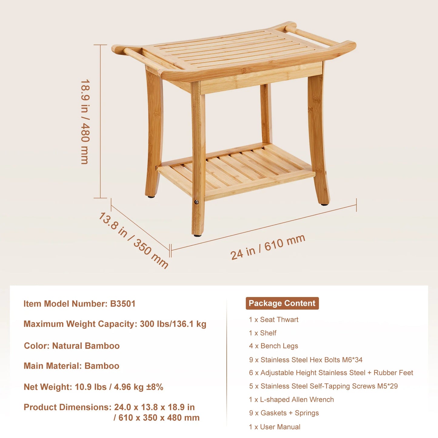 Bamboo Shower Bench  Waterproof Shower Stool, Chair