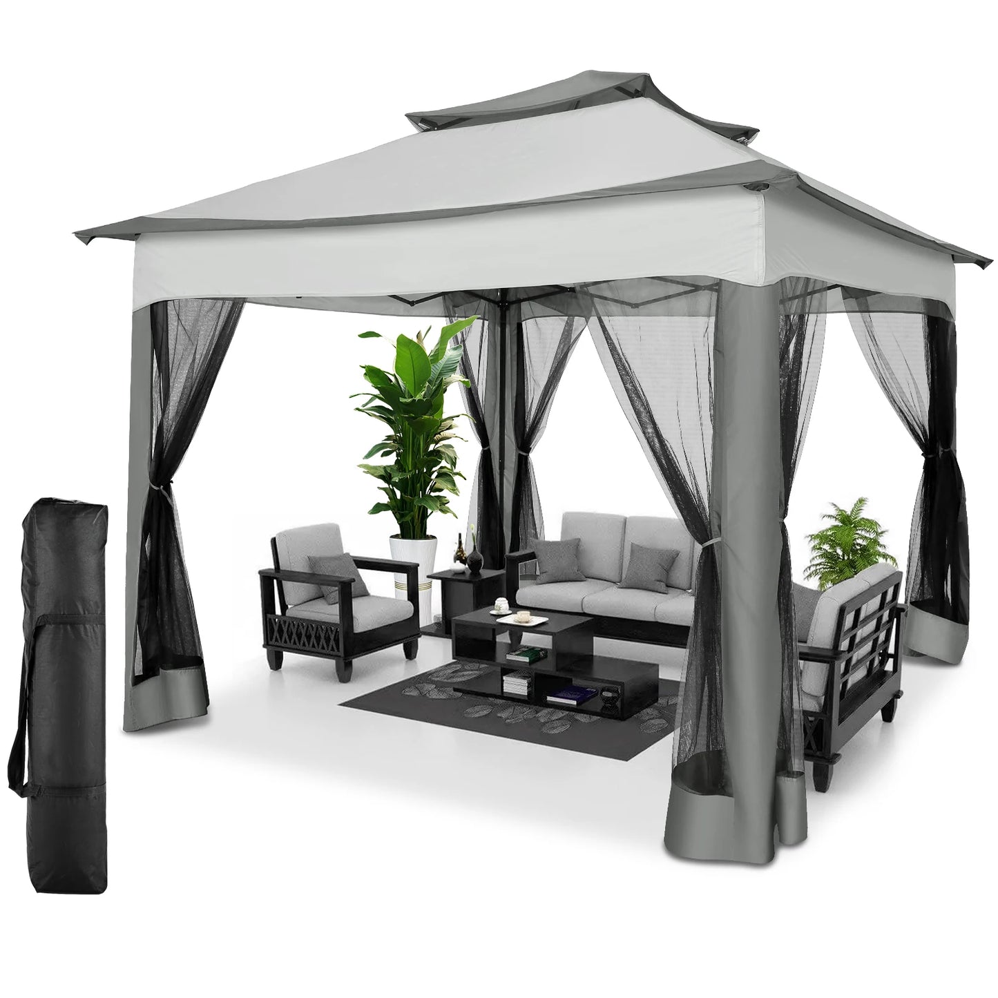 11x11 Pop Up Gazebo One-Push Canopy Tent with Mosquito Nettings,