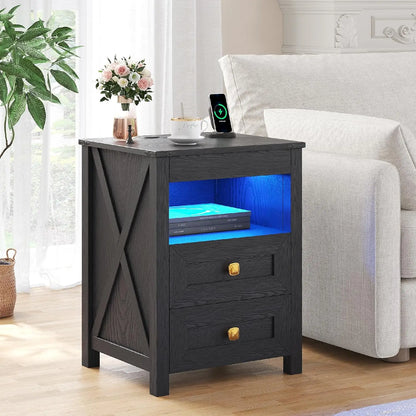LED Nightstand with Gun Drawer: Bedside Table with Charging Station