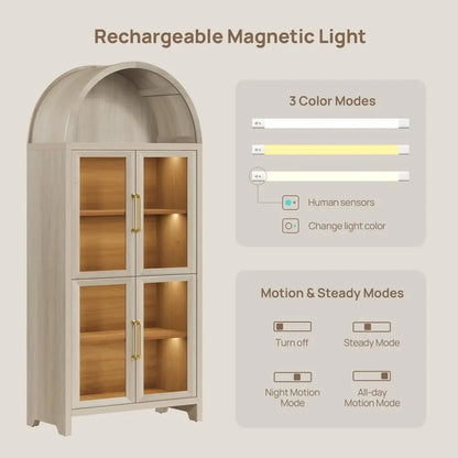 Display Cabinet with Glass Door, Modern Arched Bookcase