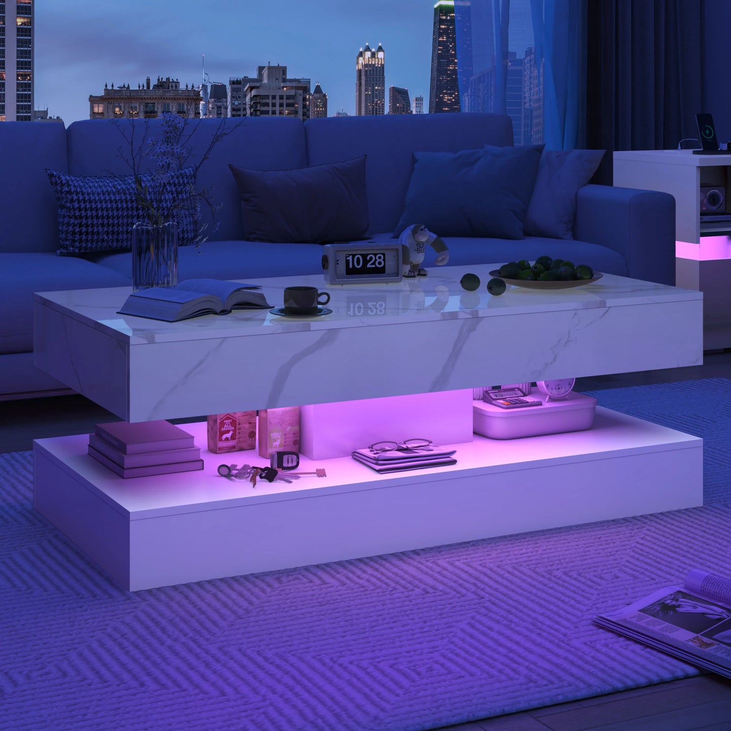 Stylish Coffee Table with LED lights, Double-Layer w/Drawers