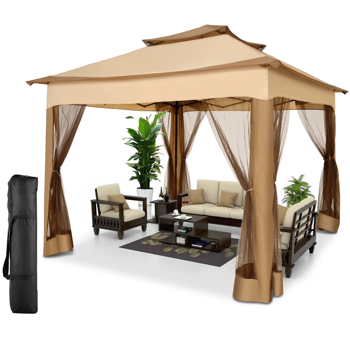 11x11 Pop Up Gazebo One-Push Canopy Tent with Mosquito Nettings,