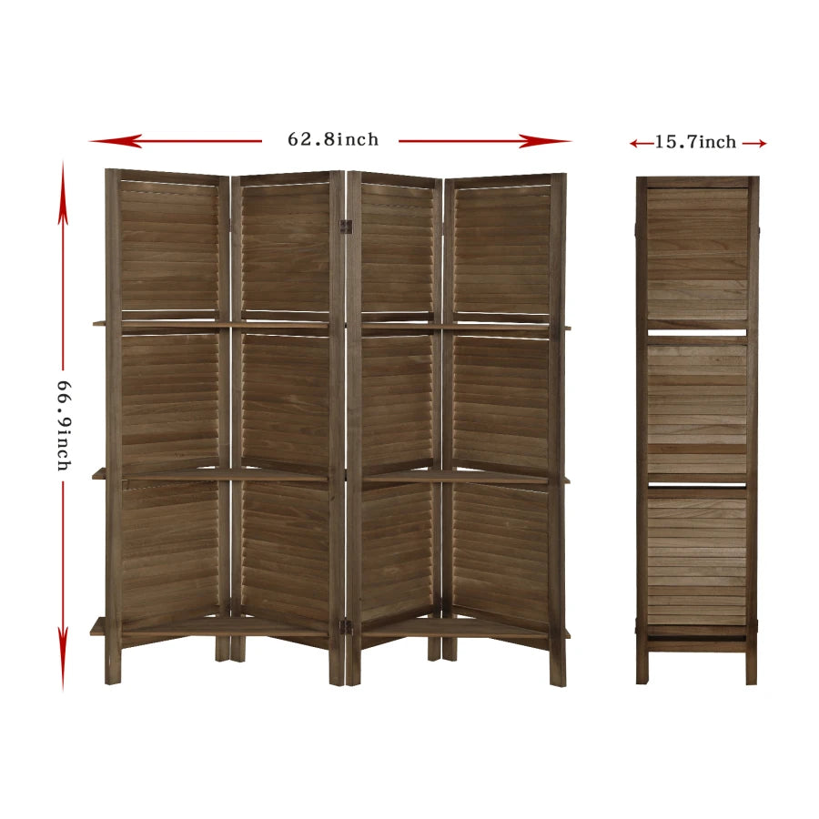 4 Panel Folding Room Divider Screen with Shelves