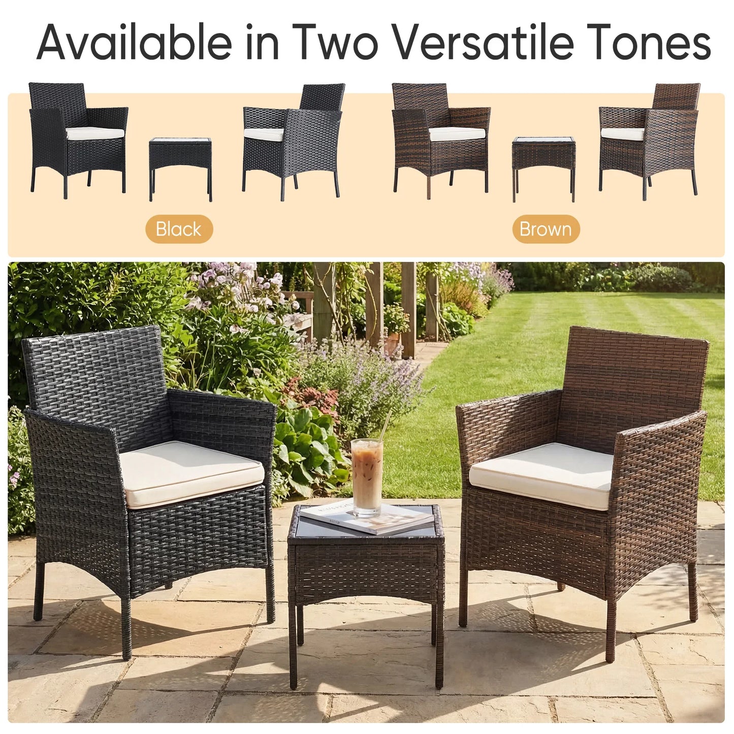 3 Pieces Patio Set Wicker Rattan Chairs with Table