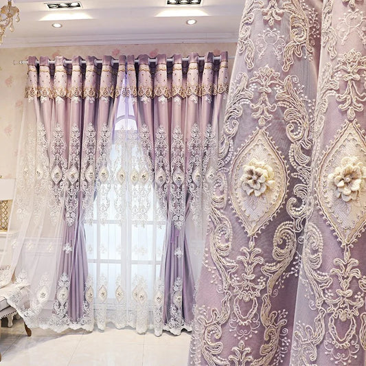 1PC Curtains,Luxury vintage-style embroidered curtains with 3D relief patterns, dual-layer design for privacy