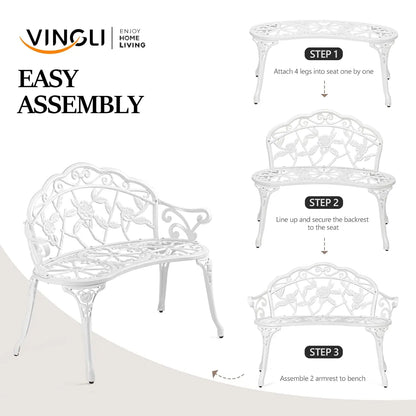 38.5" Patio Outdoor  Bench, 2-Person Cast Iron Cast Aluminum